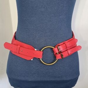 Vintage Red Leatherette Basket Weave Adjustable Buckle Belt